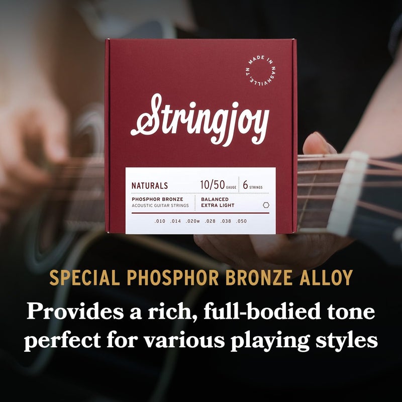Stringjoy NB1050 Naturals Phosphor Bronze Acoustic Guitar Strings, 10-50 Extra Light Gauge, Guitar Strings Acoustic 6 String Set for Clear Tones, Durable Super Light Acoustic Guitar Strings - Image 3